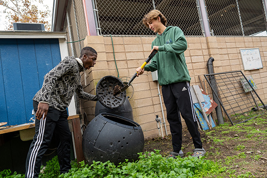 Claremont High School students turn the compost in the school garden.