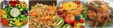 Images of 4 recipes: rainbow chopped salad, vegetarian fried rice with edamame, veggie enchiladas, and orange chicken with vegetables.