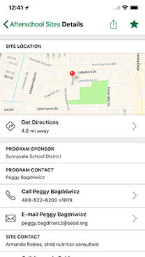 Screenshot of the Afterschool Details page. The details page include the program contact information such as telephone and email address.
