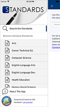 Screenshot of the CA Standards app menu which includes Arts, Computer Science, English Language Arts, Health Education, History-Social Science, and Mathematics.