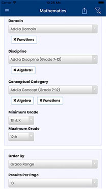 Screenshot of the CA Standards app displaying selections for Domain, Discipline, Conceptual Category, and Minimum and Maximum Grade for Mathematics.