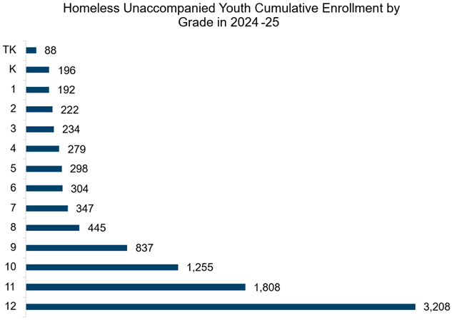 Homeless Unaccompanied Youth by Grade Enrollment. Data available in the below table.