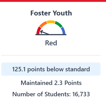 Foster youth student group has a status level of ‘Very Low. Details provided above image.