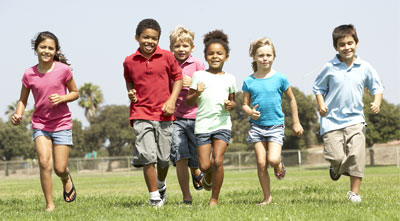A group of students running together