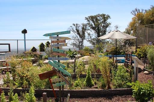 Garden signage reads, In the Garden, we learn to... and lists actions such as plant, wonder, weed, and dream. 