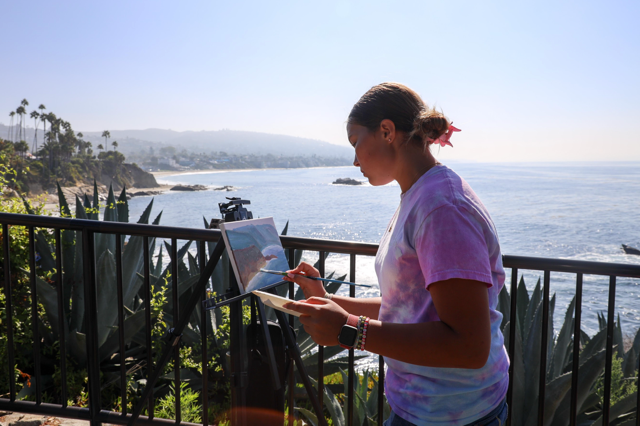 student on balcony overlooking the ocean painting  a landscape