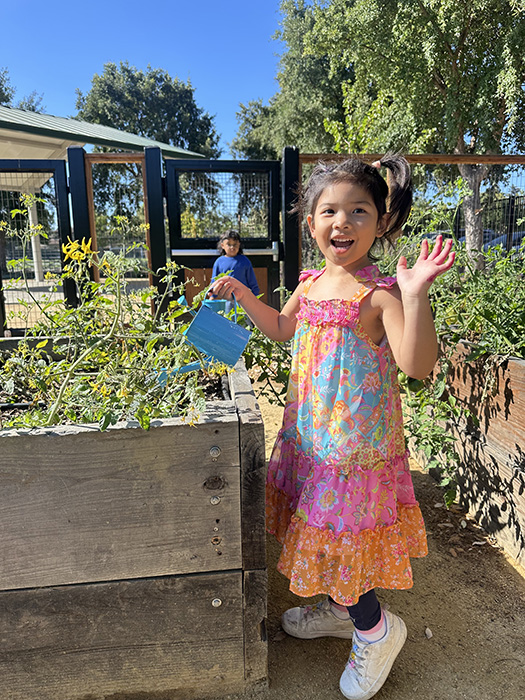 A student participating in watering plants at their school garden area.
