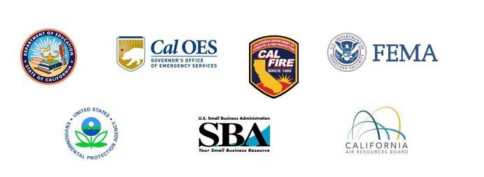 CDE Seal, Cal OES, Cal Fire, FEMA, US EPA, U.S. Small Business Administration, and Ca. Air Resources Board logos.