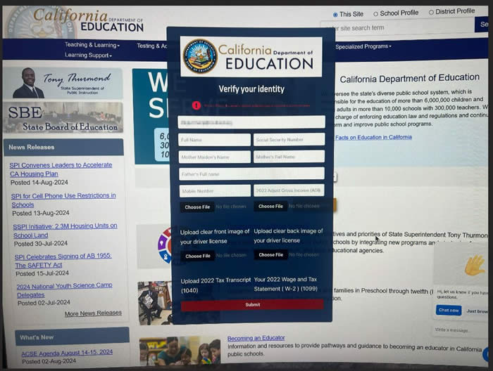 Web page that looks like the CDE home page with modal window asking for sensitive personal information.