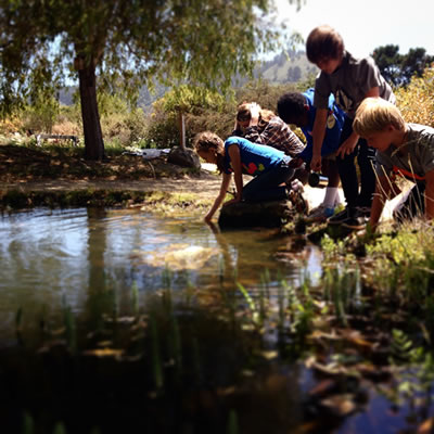 This is a photograph of students from Carmel Middle School at the habitat pond at the 10-acre Hilton Bialek Habitat.
