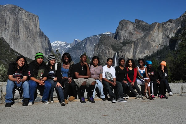 This is a photograph of members of the Eco Club at Susan Miller Dorsey Senior High School in Yosemite National Park.