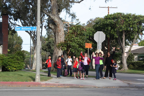 This is a photograph of students from Los Cerritos Elementary School walking to school on Walk-to-School Wednesday.