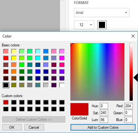 Acrobat font color dialog with other color button selected. Boston University Red, or RGB 204, 0, 0 is shown.