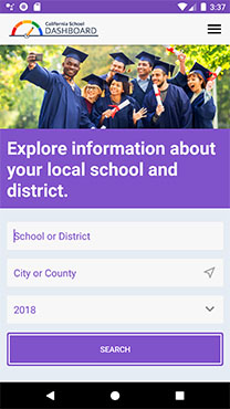 Screenshot from the CA Dashboard app search page which includes fields for School or District, City or County, and year.