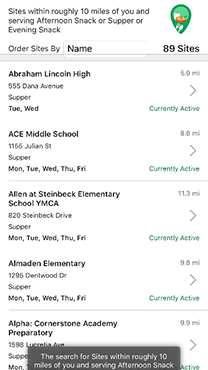 Screenshot of the Afterschool sites search results of the mobile app. The search results include list of aftershool sites within the 10 miles of the users location.