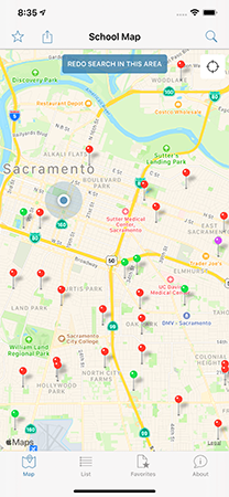 Screenshot of the interactive map based from a search result on the mobile app. The schools found based from the search are represented by pin marks.