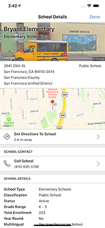 Screenshot of the School Details page. The details include the name and address of the selected school as well as an interactive map based on the location of the school. The school contact information is also included.