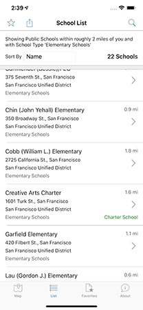 Screenshot of the School List or search results page. The result items include the name, address, and type of the schools found. It also includes the approximate distance from the searcher’s location in miles.