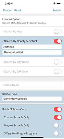 Screenshot of the Search function of the mobile app. In the Search screen, one can search by County & District, by City, or by ZIP Code. One can also search by School Name and by school type such as Public, Charter, and/or Magnet schools.