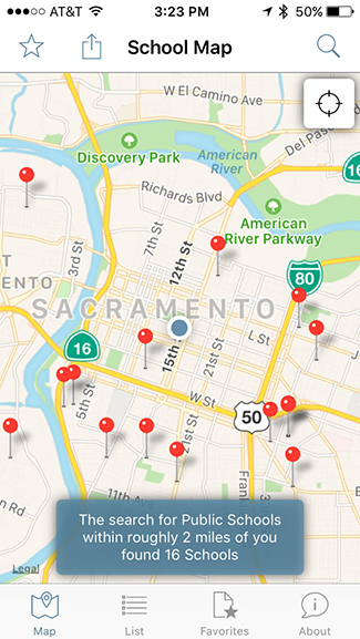 The School Map screen with push-pins of nearby schools.