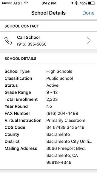 School Details with school's profile info.