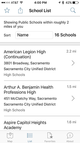 The School List screen containing nearby schools.