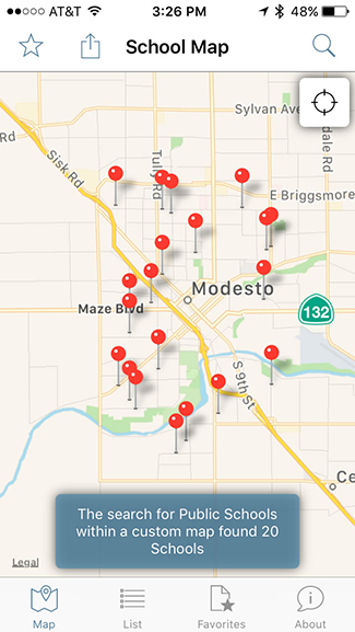 The map with updated nearby schools push-pins.