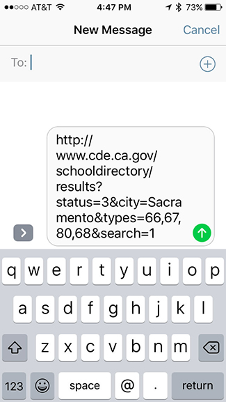 A New Message screen with custom URL in the message body.
