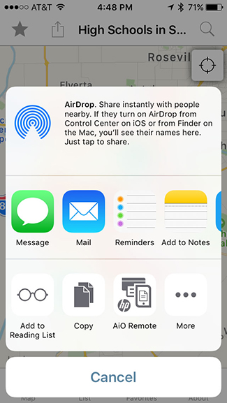 An iOS sharing option window which include Message and Mail.