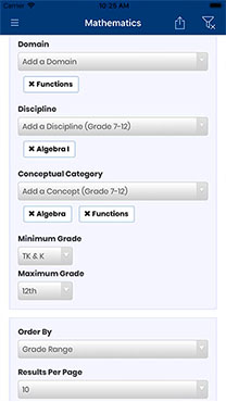 Screenshot of the CA Standards app displaying selections for Domain, Discipline, Conceptual Category, and Minimum and Maximum Grade for Mathematics.