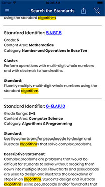 Screenshot of the CA Standards app search results with the search term, algorithm, highlighted from different topic areas.