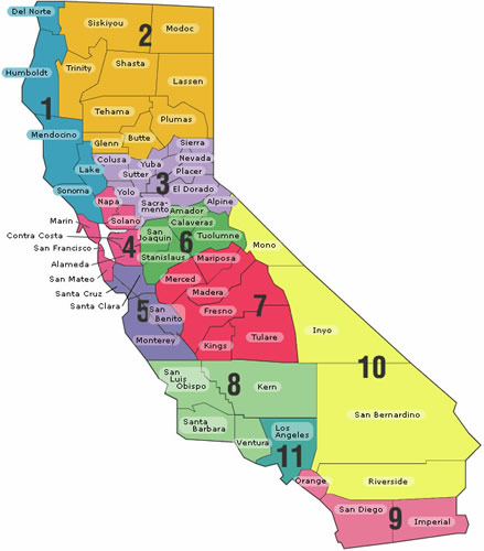 Map of California displaying the 58 counties grouped into 11 regions. The region number, county names, and contact information of the EESD Consultants for each region are listed in the following table.