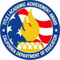Round image of flame encircled with text: Title I Academic Achievement Award, California Department of Education