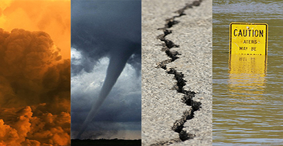 Natural disasters: fire, tornado, earthquake, and flood are depicted.