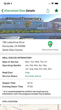 Screenshot of the Afterschool Details page. The details include the name and address of the selected school as well as an interactive map based on the location of the school. The meal service schedule is also included.